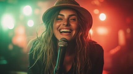 A cheerful female singer dons a hat while holding a microphone amidst a vibrant background, evoking a warm, inviting atmosphere full of energy and fun vibes.