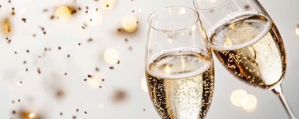 Elegant Champagne Flutes with Sparkling Bubbles on Minimalist Background, Perfect for Celebrations and Festive Occasions