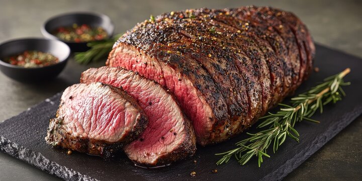 a piece of meat on a slate board