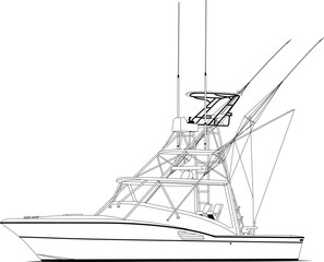 Sport fishing boat vector line art illustration and one-color