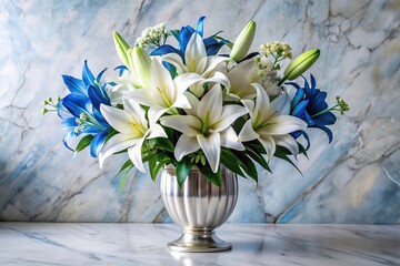 Fresh happy birthday flowers arrangement of white and blue lilies in a elegant silver vase on a marble floor, floor, happy birthday, lilies © Kingphet