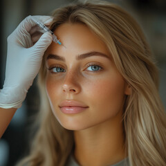 Closeup shot of young Caucasian woman getting beauty cosmetic injection in forehead, beautiful lady getting anti-aging treatment