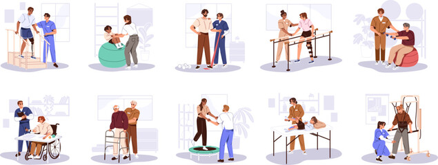 Rehabilitation set. People do physiotherapy with nurse for recovery mobility. Physiotherapist helps patients by physical therapy treatment. Flat isolated vector illustrations on white background