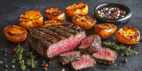 a steak with a side of roasted tomatoes