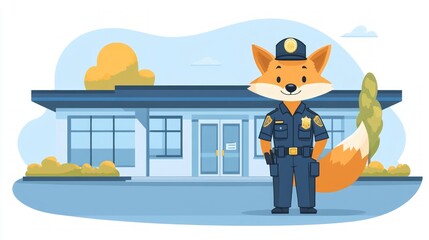 A cheerful fox dressed as a police officer poses confidently outside a modern police station, conveying a message of community safety and friendliness