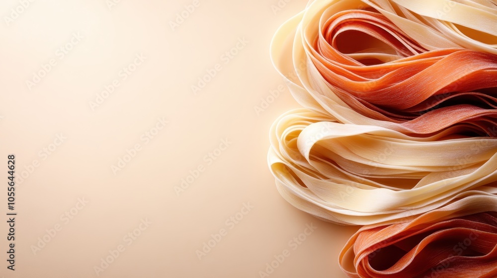 Poster a close-up view of creatively arranged pasta, showcasing vibrant color blending and smooth texture, 