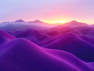 A serene landscape featuring rolling purple hills at sunset.