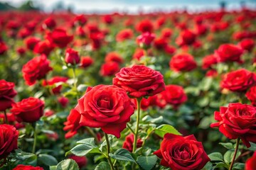 High-angle shot of a field of red roses swaying gently in the breeze, green fields, blooming wildflowers