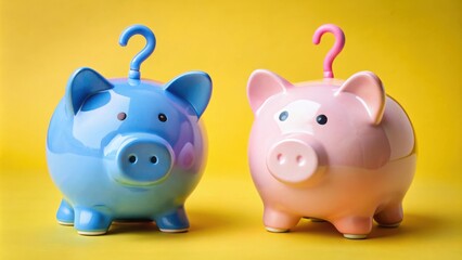 Obraz premium Two Piggy Banks with Question Marks on a Yellow Background, Representing Uncertainty and Financial Decisions