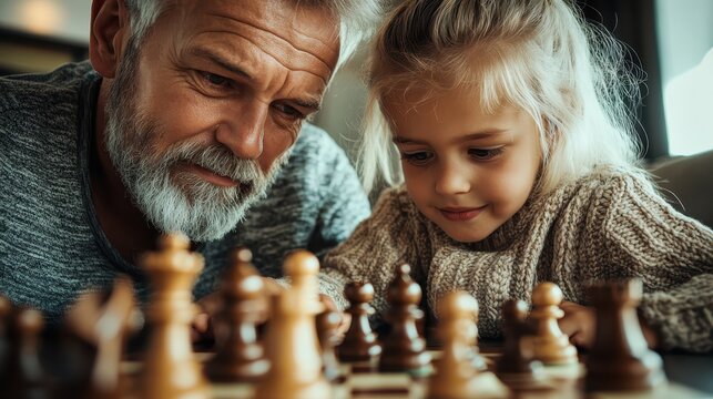An endearing image of a grandfather and a young girl deeply focused on a chess game, encapsulating wisdom, learning, and the precious bond between generations.