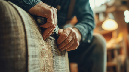 Craftsman's hands at work: precision upholstery detailing in artisan workshop