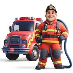Fototapeta premium A cheerful cartoon firefighter in a bright uniform, holding a hose and smiling proudly next to a fire truck on a white background.