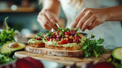 Hands skillfully preparing vibrant open-faced sandwiches topped with avocado, chickpeas, and beetroot on wooden board, emphasizing freshness and artisanal quality.