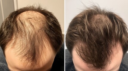A before and after photo of a hair loss treatment, Before and after people head