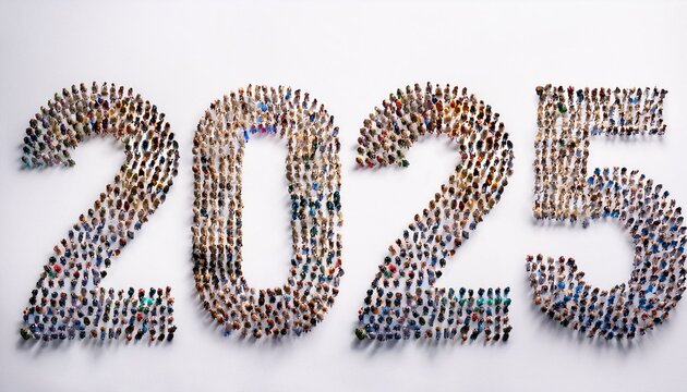 Human crowd forming a text 2025 on white background. Horizontal composition with copy space 