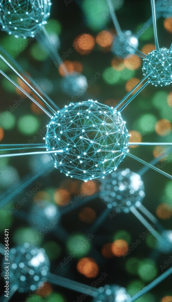 Poster abstract glowing connected neurons, neurotransmitters, and nervous system nodes. neural network.