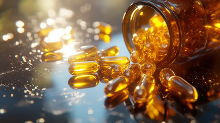 Omega 3 capsules spilling from bottle - health and wellness concept for supplement marketing