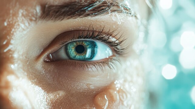 This image showcases a blue eye surrounded by refreshing water, highlighting its beauty and clarity, capturing a sense of rejuvenation and natural wonder.
