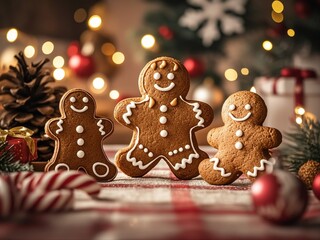gingerbread man smiling and standing on a desk with background of Christmas decorations.Preparing gingerbread cookies in the shape of little men on Christmas Eve,