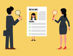 Background check for employment or recruitment. Businessman and woman with magnifying glass checking applicant's document, career history concept