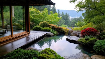 A tranquil garden scene featuring a reflective pond surrounded by vibrant foliage and rocks, offering a sense of peace and natural beauty in a harmonious setting.