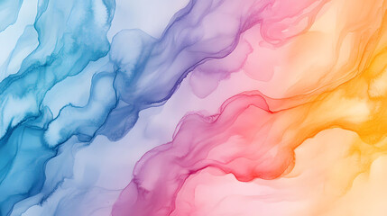 Colorful abstract watercolor background with a vibrant blend of orange, yellow, and blue, featuring textured patterns reminiscent of smoke and clouds