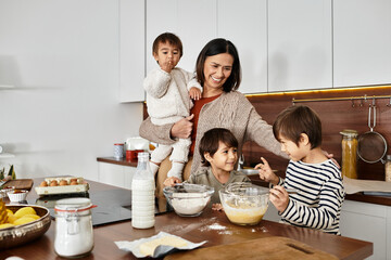 A cheerful grandmother and her grandsons delight in baking holiday treats together in a cozy kitchen.