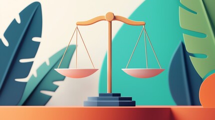Stylized balance scale design, representing justice and fairness, set against a colorful leafy backdrop.