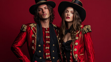 Man and woman dressed in circus ringmaster costume. 