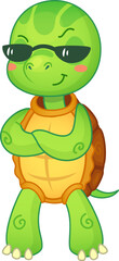 Stylish cartoon turtle with sunglasses, arms crossed, and a big smile exudes confidence and playfulness, perfect for kids designs