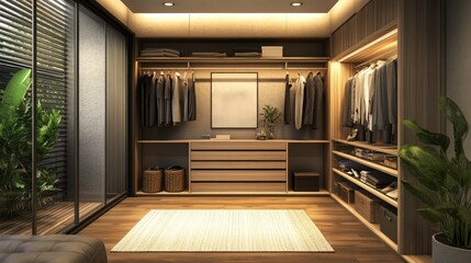 Fototapeta premium Modern wardrobe with organized clothing and natural lighting.