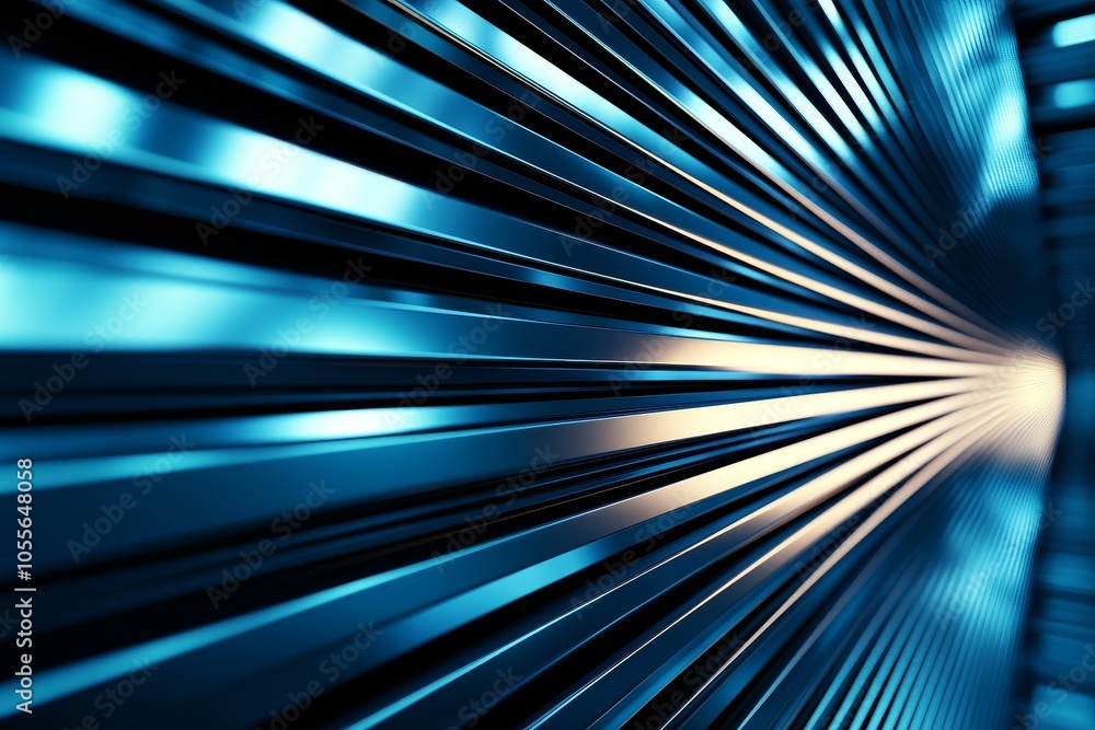 Poster a close-up view of sleek metallic lines converging, illuminated with blue light, creating a modern, 