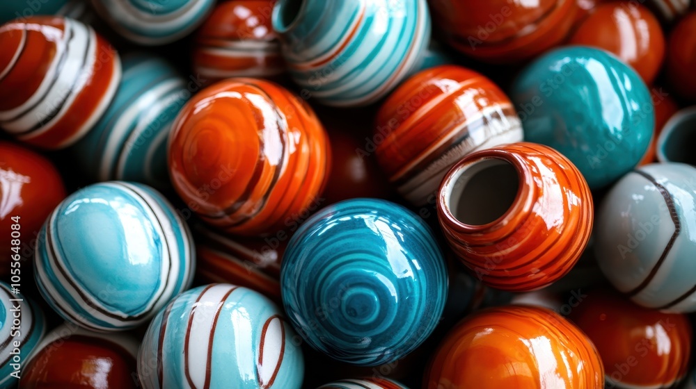 Poster a series of vibrant ceramic spheres with swirling patterns in teal and orange, creating an eye-catch