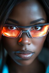 Intense Focus Portrait of a Young Woman with Futuristic Goggles, Illuminated by a Warm Glow.