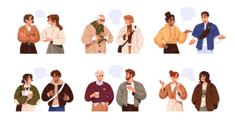 People talk to each other set. Diverse happy men and women chat, communicate in dialog on the go. Friends, employees converse, discuss with speech bubbles. Flat isolated vector illustrations on white