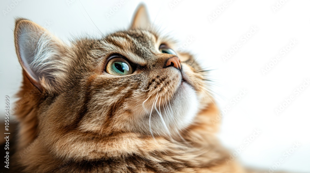 Poster a detailed close-up image showcases a fluffy cat gazing upward, highlighting its serene expression a