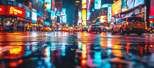 Obraz premium Vibrant City Lights Reflected on Wet Streets on a Rainy Night, Capturing the Energy of Urban Life