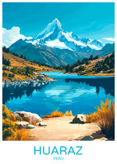 Huaraz Peru Poster Illustration Travel Print Decor Gift Paper Canvas Wall Retro Art