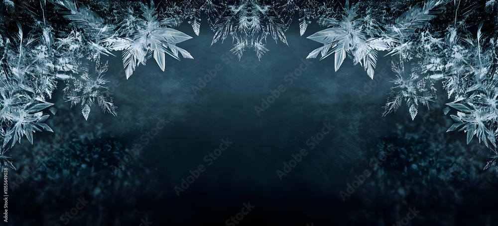 Poster a dark background adorned with intricate ice-like patterns, evoking a winter theme.