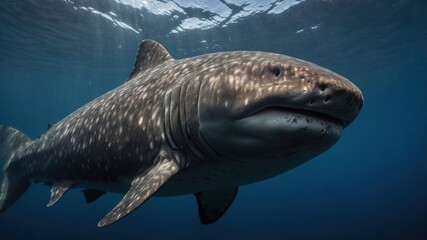 A close-up of a whale shark swimming underwater, showcasing its unique patterns and features.