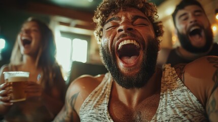 An exuberant man with tattoos laughs energetically while enjoying a beer with friends in a dimly lit bar, encapsulating camaraderie and lively enjoyment.