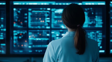 A person in a lab coat observes multiple digital screens displaying data and analytics in a high-tech environment.
