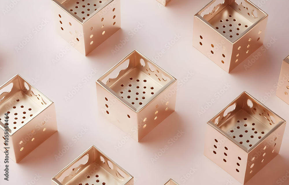 Aufkleber aerial view of metallic boxes with perforated designs arranged on a soft surface.