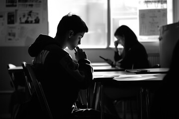 A teenager in class, secretly using their phone under the desk while the teacher speaks.A boy and a girl are sitting at their desks in a classroom