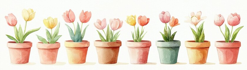 Obraz premium Colorful watercolor tulips in pots, perfect for spring themes, floral designs, and vibrant decoration. A charming display of nature's beauty.