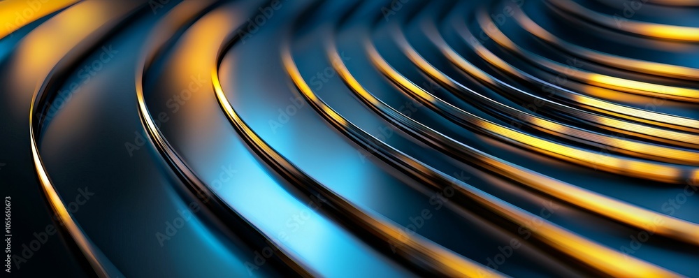 Poster a vibrant, dynamic image showcasing overlapping metallic waves with blue and gold highlights, emphas