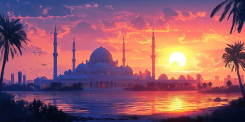 Fototapeta premium White mosque silhouette against sunset sky.