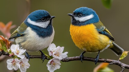 Obraz premium Two vibrant blue and yellow birds perched on a flowering branch, showcasing nature's beauty in a serene environment.