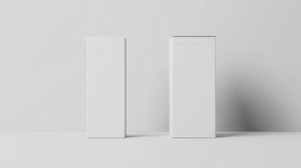 Set of white tall packaging boxes showcasing side and front perspectives ideal for minimalist product presentations