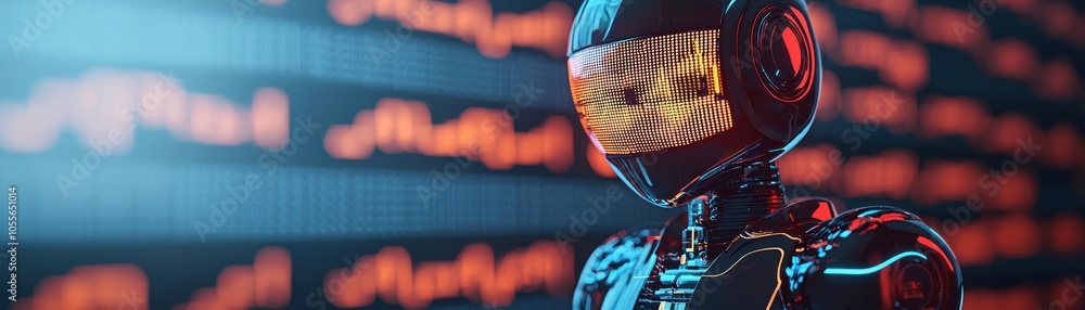 Poster futuristic robot standing against a digital background with glowing patterns, representing advanced 